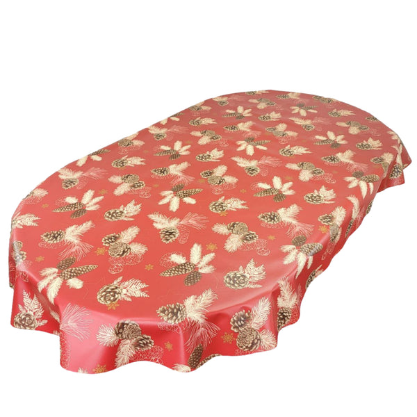 Oval Christmas Pine Cones Red Wipe Clean PVC Vinyl Tablecloth 180cm x 140cm