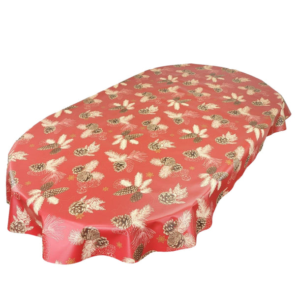 Oval Christmas Pine Cones Red Wipe Clean PVC Vinyl Tablecloth 200cm x 140cm
