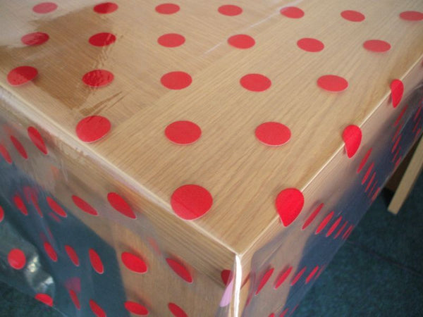 Red Polka Dot on Clear PVC Vinyl Wipe Clean Tablecloth  90cm x 140cm Warehouse Clearance