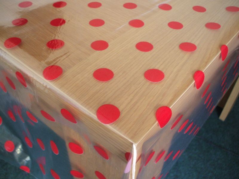 Red Polka Dot on Clear PVC Vinyl Wipe Clean Tablecloth  90cm x 140cm Warehouse Clearance