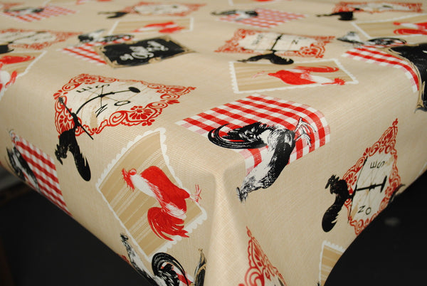 Rooster Chicken Red and Beige PVC Vinyl Wipe Clean Tablecloth 160cm x 140cm Warehouse Clearance