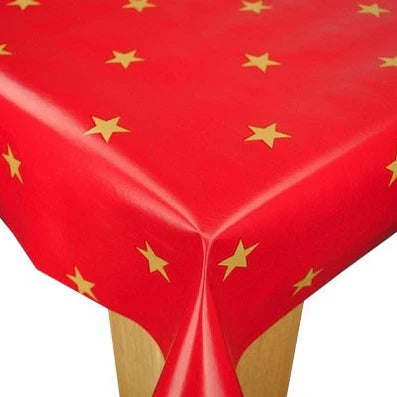 Red Large Gold Star PVC Vinyl Wipe Clean Tablecloth  95cm x 140cm Warehouse Clearance