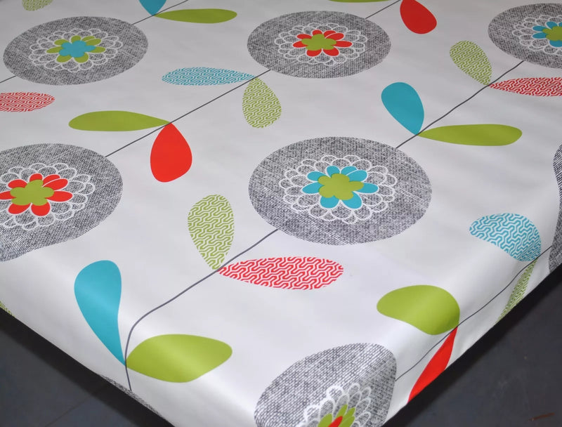 Retro Flowers and Stems on White PVC Vinyl Wipe Clean Tablecloth  120cm x 140cm Warehouse Clearance