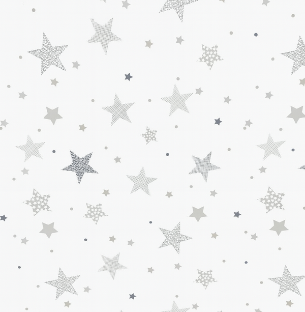 Big Stars Little Stars Silver on White Christmas PVC Vinyl Tablecloth 20 Metres x 140cm Full Roll