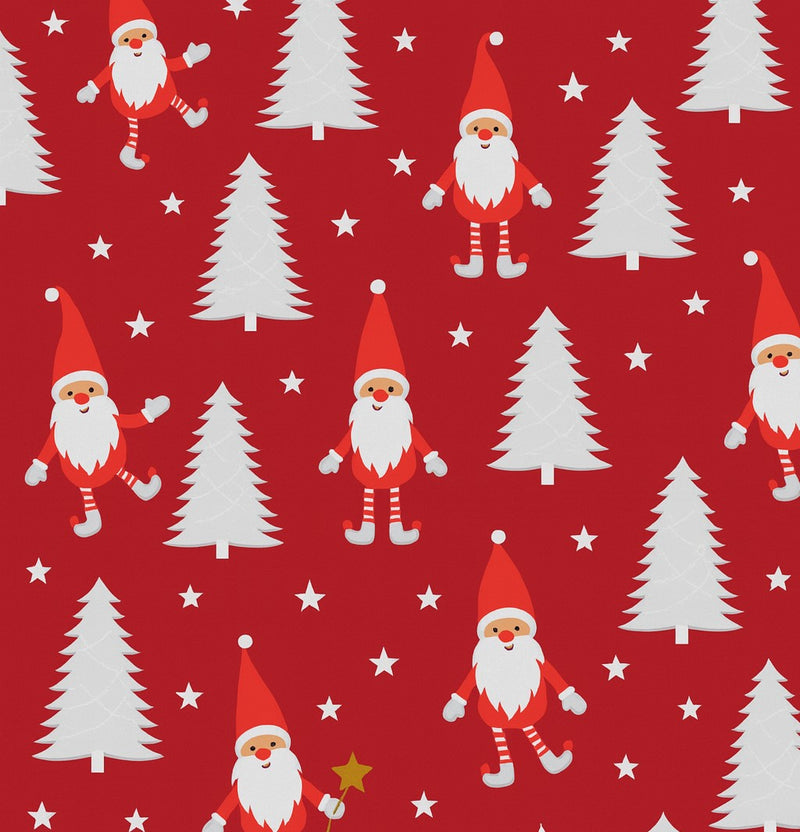 Santa Christmas Trees and Stars on Red PVC Vinyl Tablecloth 20 Metres x 140cm Full Roll