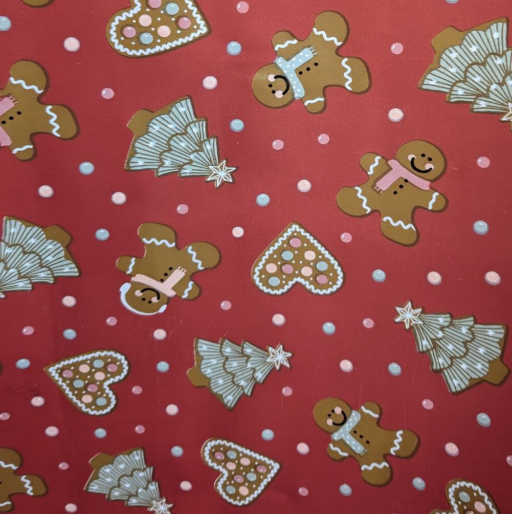 Gingerbread Man Hearts Christmas Trees on Wine Red PVC Vinyl Tableclot