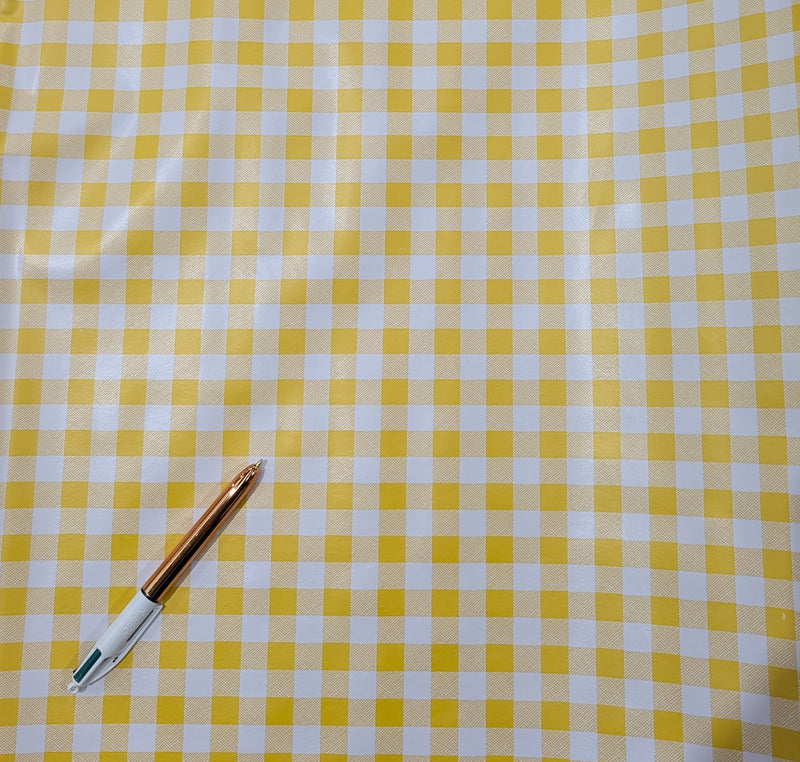 Yellow 12mm Gingham Check Vinyl Tablecloth Roll 20 Metres x 140cm Full Roll