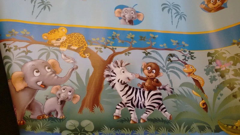 Zoo Animals Border Blue PVC Vinyl Tablecloth Roll 20 Metres x 140cm