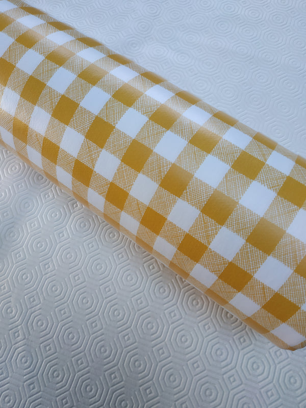 Yellow 12mm Gingham Check Vinyl Tablecloth Roll 20 Metres x 140cm Full Roll
