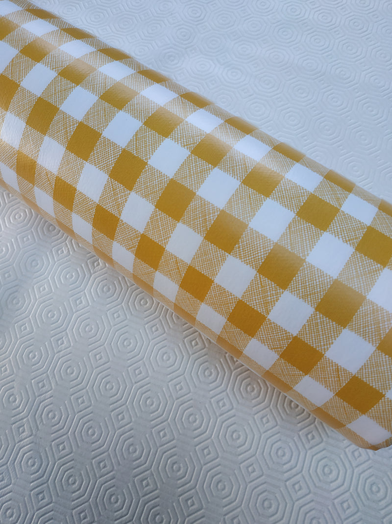 Yellow 12mm Gingham Check Vinyl Tablecloth Roll 20 Metres x 140cm Full Roll