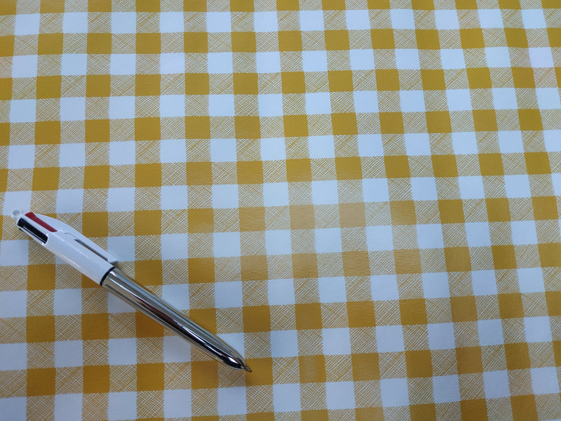 Yellow 12mm Gingham Check Vinyl Tablecloth Roll 20 Metres x 140cm Full Roll