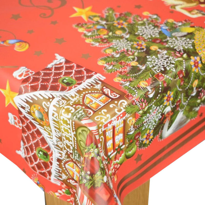 Gingerbread House and Christmas Tree Red Vinyl Tablecloth Roll 20 Metres x 140cm