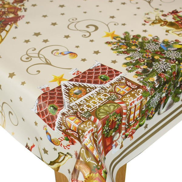 Santa Grotto Cream Christmas Vinyl Oilcloth Tablecloth 130cm x 140cm  - Warehouse Clearance