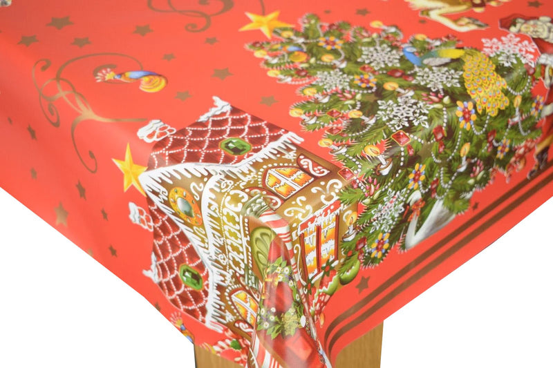 Gingerbread House and Christmas Tree Red Vinyl Tablecloth Roll 20 Metres x 140cm