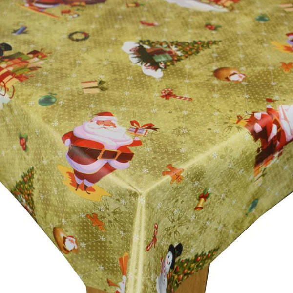 Santa Snowman Gold Christmas Vinyl Oilcloth Tablecloth 120cm x 140cm-Creased   - Warehouse Clearance