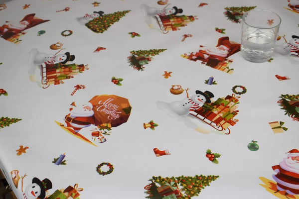 Santa Snowman White PVC Vinyl Tablecloth 20 Metres x 140cm