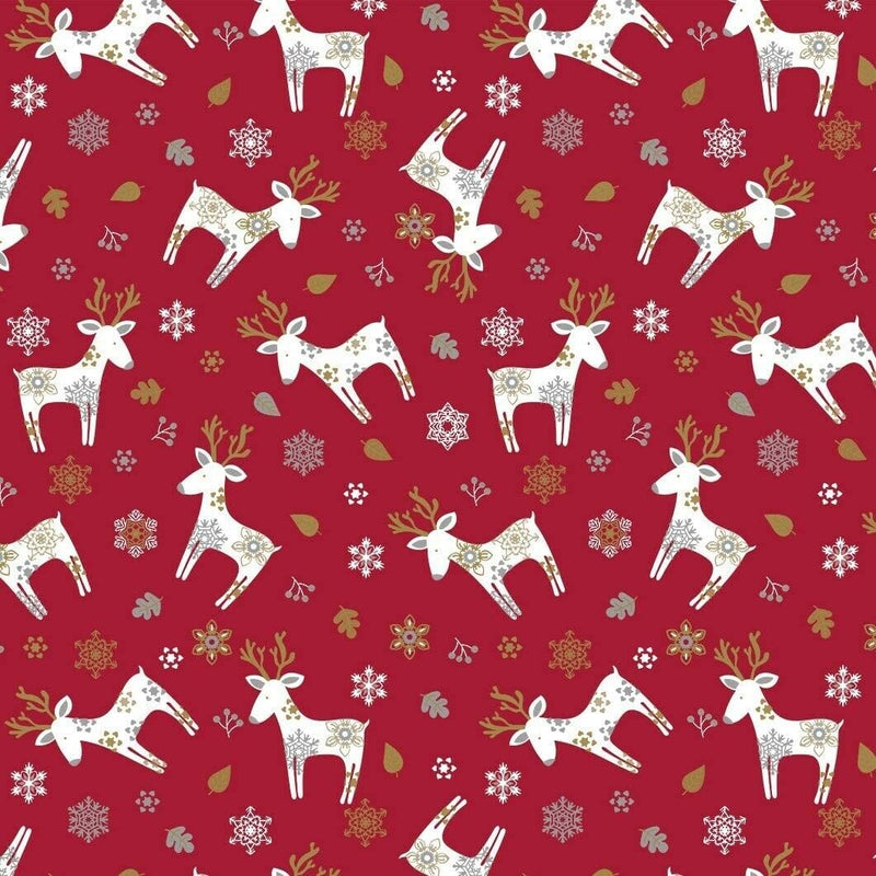 Christmas Scandi Reindeer Red Vinyl Tablecloth Roll 20 Metres x 140cm