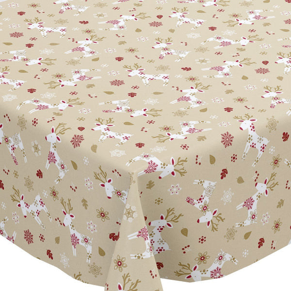 Scandi Reindeer Cream Vinyl Oilcloth Tablecloth 250cm x 140cm -Print faults  - Warehouse Clearance