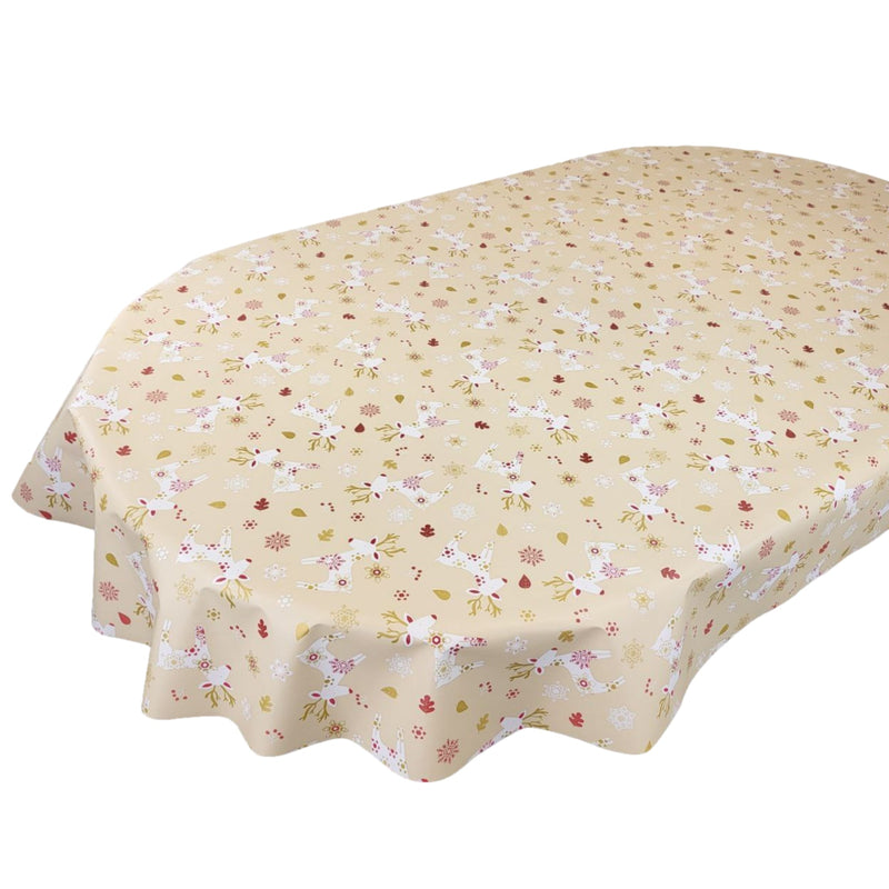Oval Scandi Reindeer Cream Wipe Clean PVC Vinyl Tablecloth 200cm x 140cm
