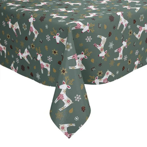 Scandi Reindeer Green Vinyl Oilcloth Tablecloth 200cm x 140cm   - Warehouse Clearance