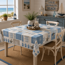 Seaside Escape Beach Huts Blue PVC Vinyl Oilcloth Tablecloth
