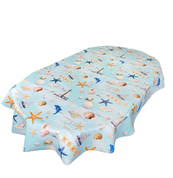 Oval Seaside Beach Fun Blue Wipe Clean PVC Vinyl Tablecloth 180cm x 140cm