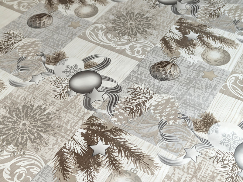 Taupe Silver Christmas Baubles Vinyl Oilcloth Tablecloth