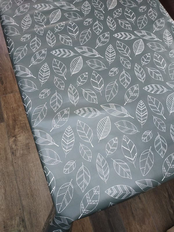 Modern Leaf Slate Grey PVC Vinyl Wipe Clean Tablecloth  160cm x 140cm Warehouse Clearance