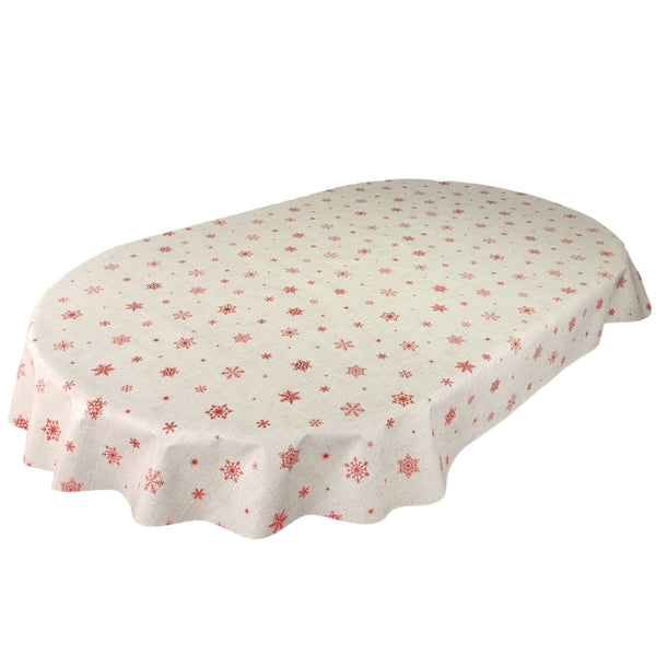 Oval Red Snowflakes On Beige Wipe Clean PVC Vinyl Tablecloth 180cm X 1