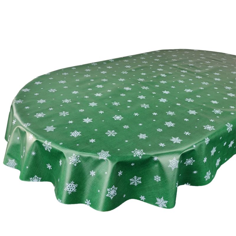 Oval Silver Snowflakes on Green Wipe Clean PVC Vinyl Tablecloth 200cm x 140cm