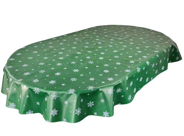 Oval Silver Snowflakes on Green Wipe Clean PVC Vinyl Tablecloth 180cm x 140cm