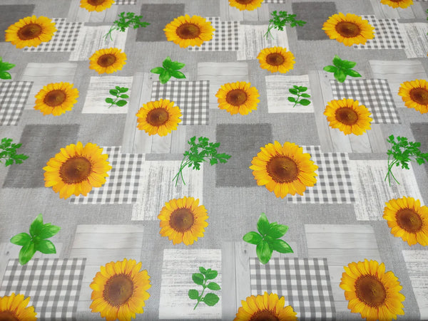 Sunflower Grey and Yellow PVC Vinyl Wipe Clean Tablecloth ROUND 138cm- Warehouse Clearance