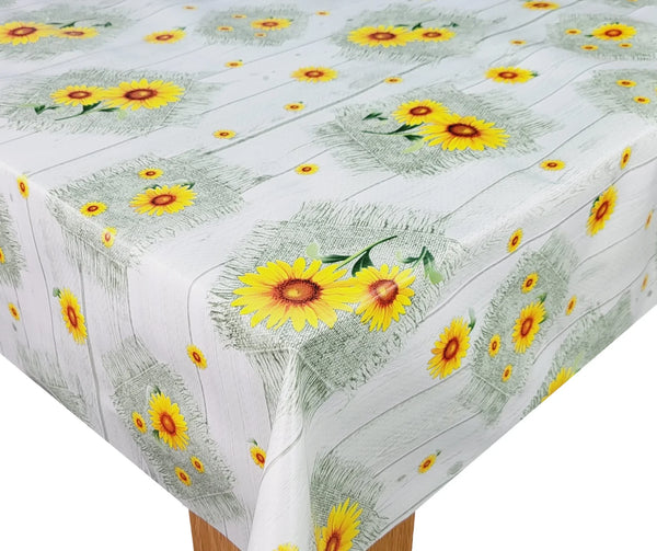 Sunflowers on Green Wood Effect Vinyl Oilcloth Tablecloth 120cm x 120cm  - Warehouse Clearance