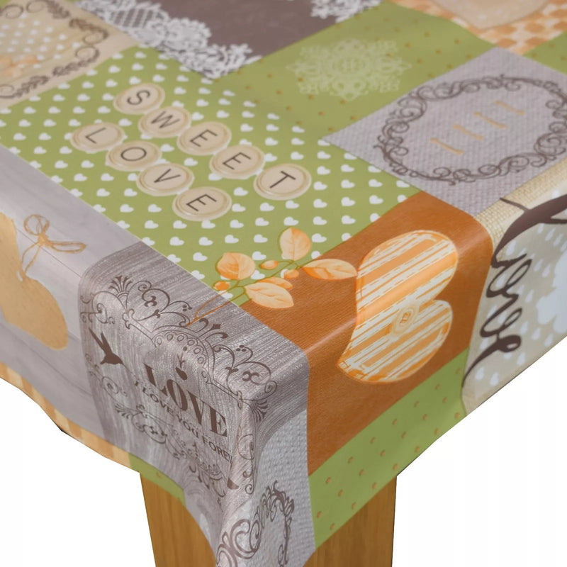 Sweet Love Sage Green and Orange PVC Vinyl Wipe Clean Tablecloth 150cm x 140cm Warehouse Clearance