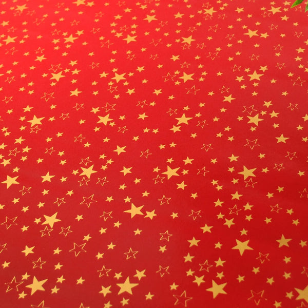 Christmas Red with Gold Stars Vinyl Tablecloth Roll 20 Metres x 140cm Full Roll