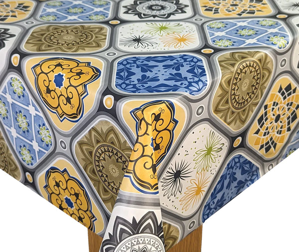 Tangier Tiles Grey Ochre Blue PVC Tablecloth 20 Metres x 140cm  Roll