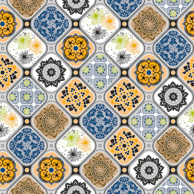 Tangier Tiles Grey Ochre Blue PVC Tablecloth 20 Metres x 140cm  Roll