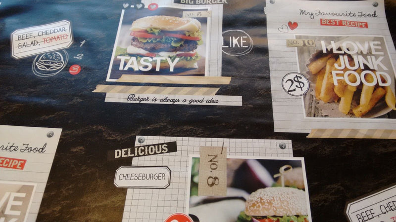 Tasty Burger and Fries  PVC Vinyl Tablecloth 20 Metres