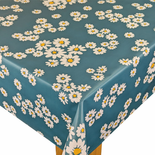 Teal Daisies Vinyl Oilcloth Tablecloth