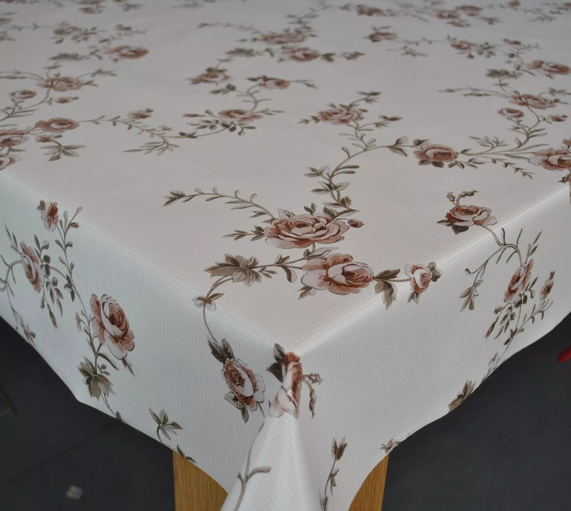 Trailing Rose Taupe PVC Vinyl Wipe Clean Tablecloth  190cm x 140cm Warehouse Clearance