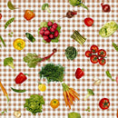 Vegetables on Taupe Gingham  PVC Vinyl Tablecloth 20 Metres x 140cm Roll