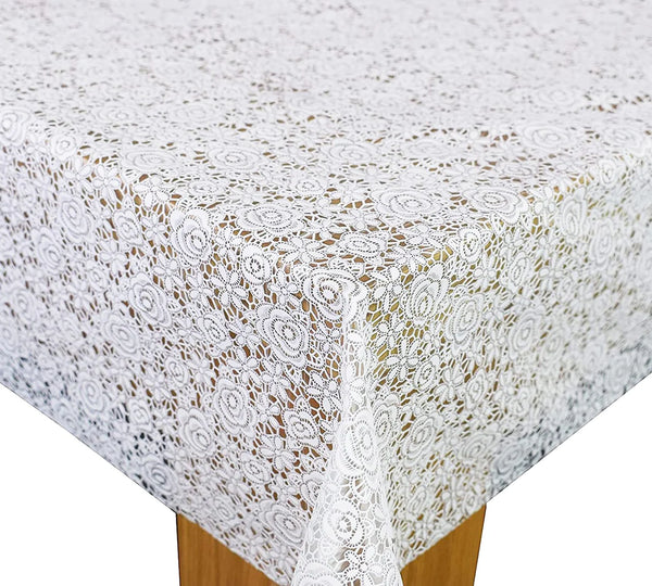 White Floral Lace  PVC Vinyl Wipe Clean Tablecloth 100cm x 140cm -Warehouse Clearance
