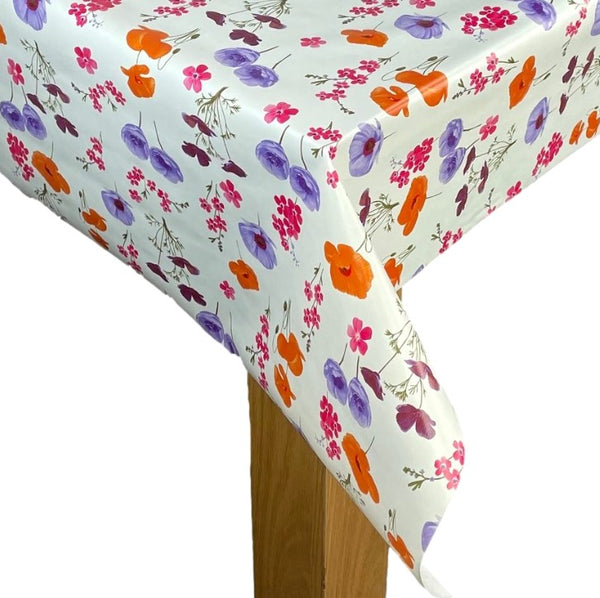 Wild Poppies and Flowers  on Cream PVC Vinyl Wipe Clean Tablecloth 100cm x 140cm Warehouse Clearance
