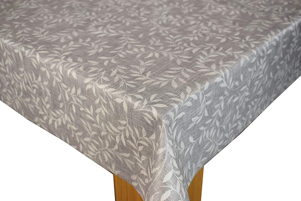 Willow Leaves grey PVC Vinyl Wipe Clean Tablecloth OVAL 250cm x 140cm Warehouse Clearance