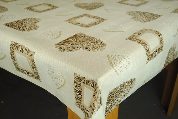 Woven Hearts Taupe vinyl tablecloth 100cm x 140cm -Warehouse Clearance