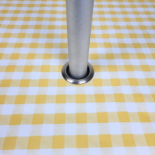 Yellow Gingham PVC Vinyl Wipe Clean Tablecloth with PARASOL Hole 250cm x 140cm-Few Creases- Warehouse Clearance