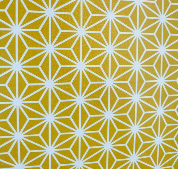 Geometric Triangles Tex Yellow Ochre  PVC Vinyl Wipe Clean Tablecloth 80cm x 140cm Warehouse Clearance