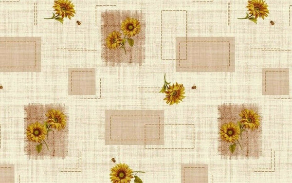 Sunflowers on Beige Taupe Linen Effect Vinyl Oilcloth Tablecloth