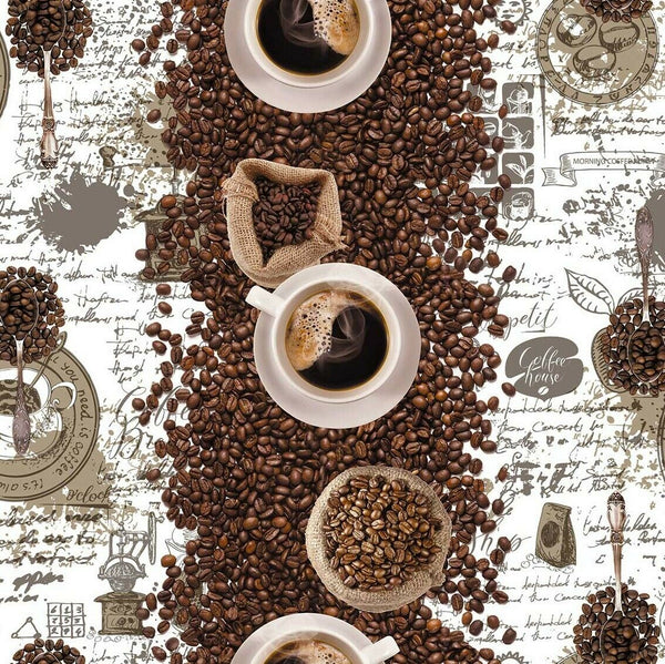 Spill the Coffee Beans White Vinyl Oilcloth Tablecloth