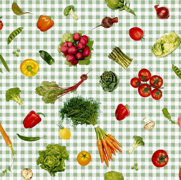 Vegetable Mix on Green Gingham Vinyl Oilcloth Tablecloth